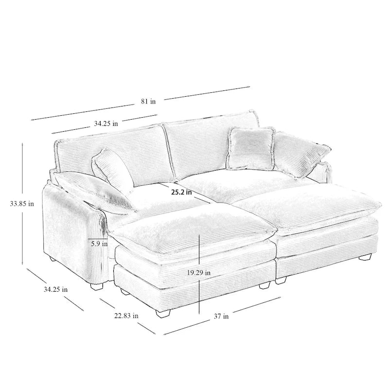 Beiges 4-teiliges modulares Cord-Schlafsofa mit 2 abnehmbaren Ottomanen und 4 Kissen, frei kombinierbar