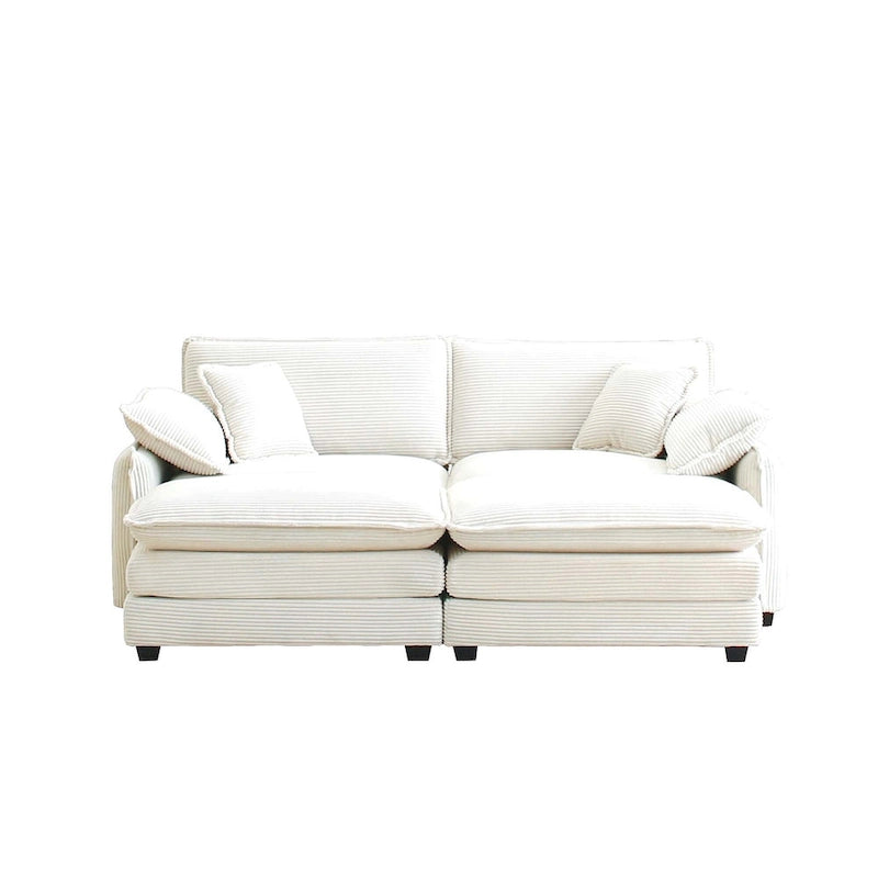 Beiges 4-teiliges modulares Cord-Schlafsofa mit 2 abnehmbaren Ottomanen und 4 Kissen, frei kombinierbar