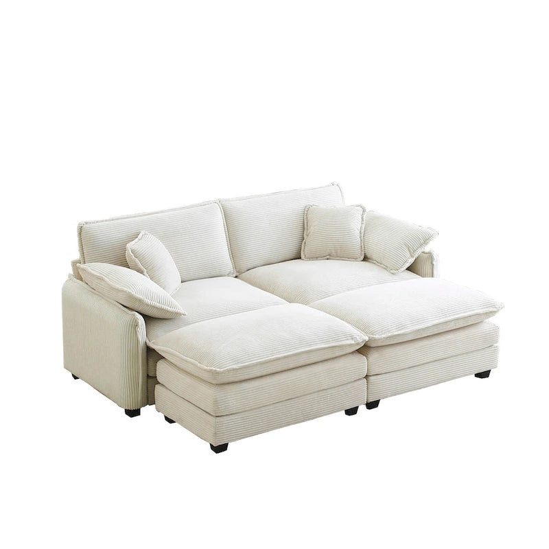Beiges 4-teiliges modulares Cord-Schlafsofa mit 2 abnehmbaren Ottomanen und 4 Kissen, frei kombinierbar