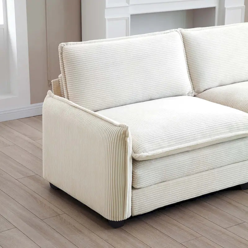 Beiges 4-teiliges modulares Cord-Schlafsofa mit 2 abnehmbaren Ottomanen und 4 Kissen, frei kombinierbar