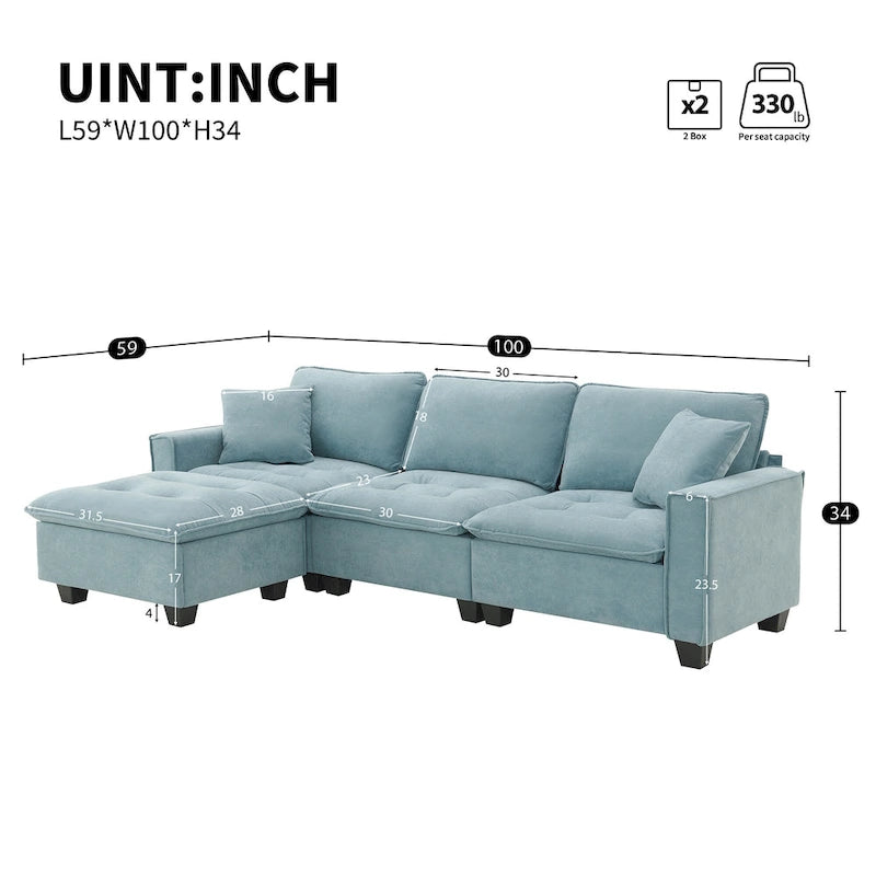 100*59 Convertible Sektionssofa, L-förmiges, umbaubares Ecksofa-Set mit kostenlosen Kissen, 4-Sitzer-Schlafsofa mit Ottoman