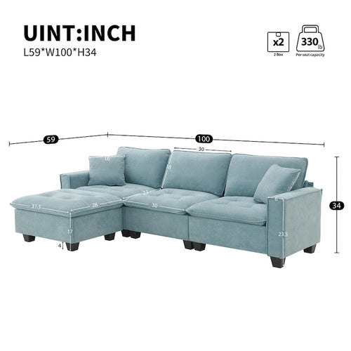 100*59 Convertible Sektionssofa, L-förmiges, umbaubares Ecksofa-Set mit kostenlosen Kissen, 4-Sitzer-Schlafsofa mit Ottoman