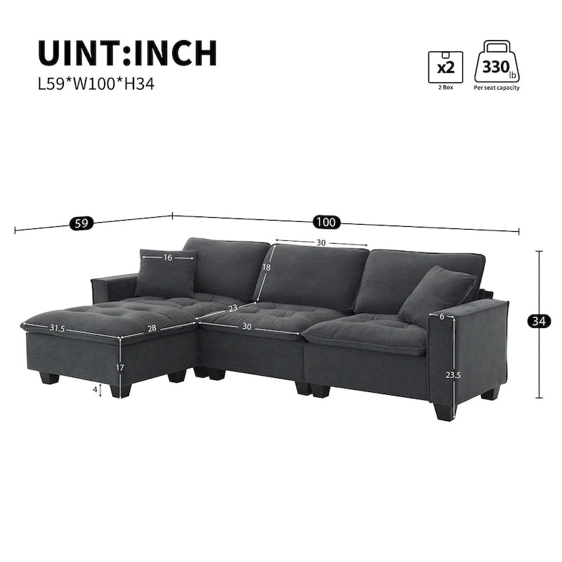 100*59 Convertible Sektionssofa, L-förmiges, umbaubares Ecksofa-Set mit kostenlosen Kissen, 4-Sitzer-Schlafsofa mit Ottoman