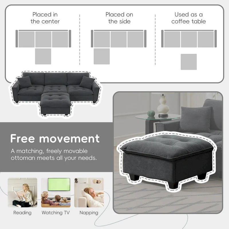 100*59 Convertible Sektionssofa, L-förmiges, umbaubares Ecksofa-Set mit kostenlosen Kissen, 4-Sitzer-Schlafsofa mit Ottoman