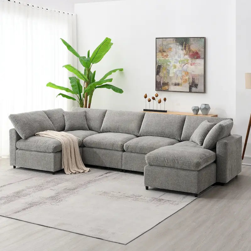 6-Sitzer Modernes Modulares Wolkensofa-Bett Chenille Sektionscouch-Set mit Ottomane