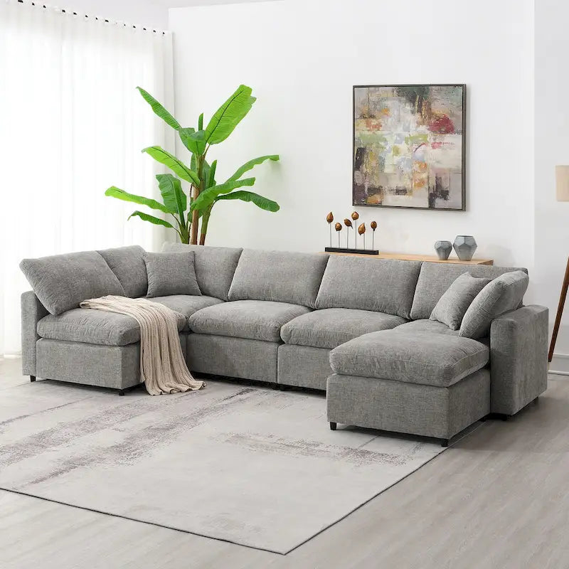 6-Sitzer Modernes Modulares Wolkensofa-Bett Chenille Sektionscouch-Set mit Ottomane