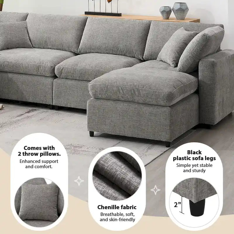 6-Sitzer Modernes Modulares Wolkensofa-Bett Chenille Sektionscouch-Set mit Ottomane