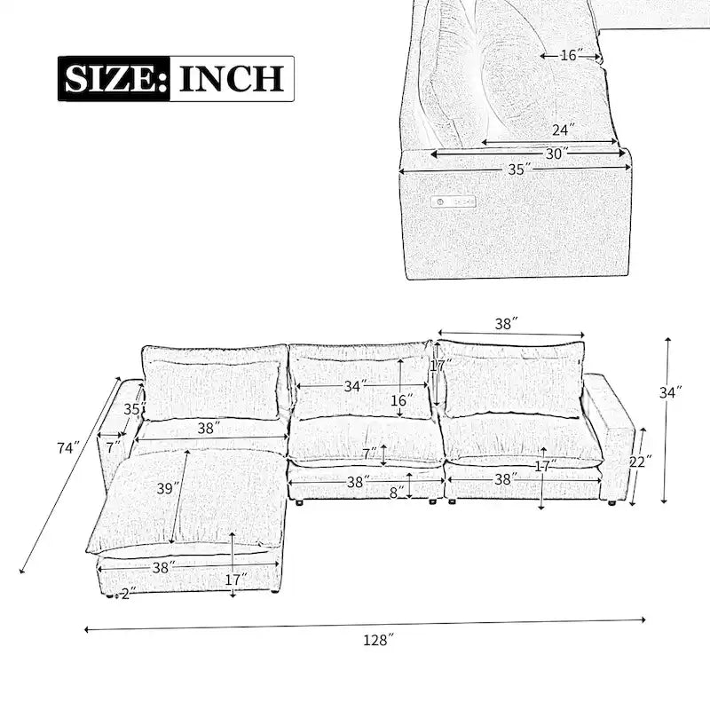 128-Zoll-Ecksofa Cloud Sofa Chenille-Polstersofa