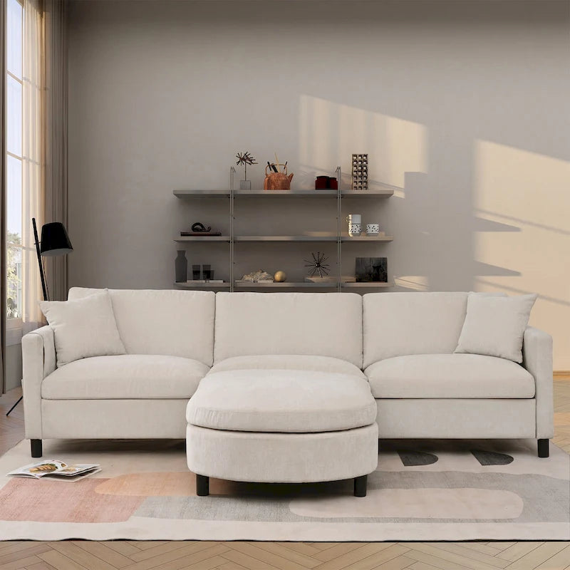 Beiges 4-Sitzer-Sofa mit beweglichem Ottoman & Stauraum, 107.87
