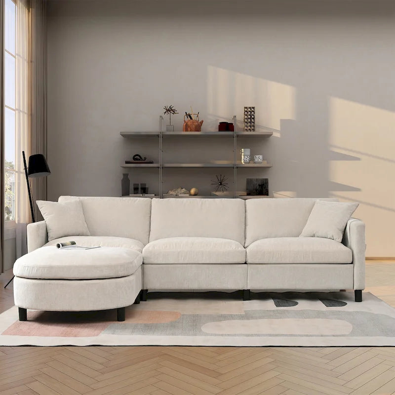 Beiges 4-Sitzer-Sofa mit beweglichem Ottoman & Stauraum, 107.87