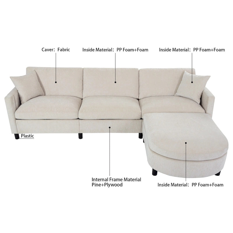 Beiges 4-Sitzer-Sofa mit beweglichem Ottoman & Stauraum, 107.87