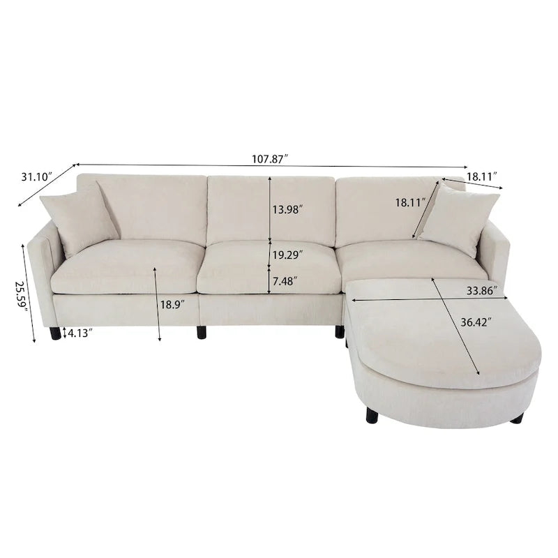Beiges 4-Sitzer-Sofa mit beweglichem Ottoman & Stauraum, 107.87