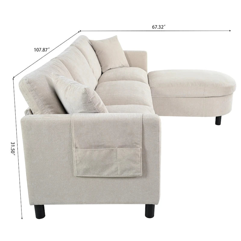 Beiges 4-Sitzer-Sofa mit beweglichem Ottoman & Stauraum, 107.87