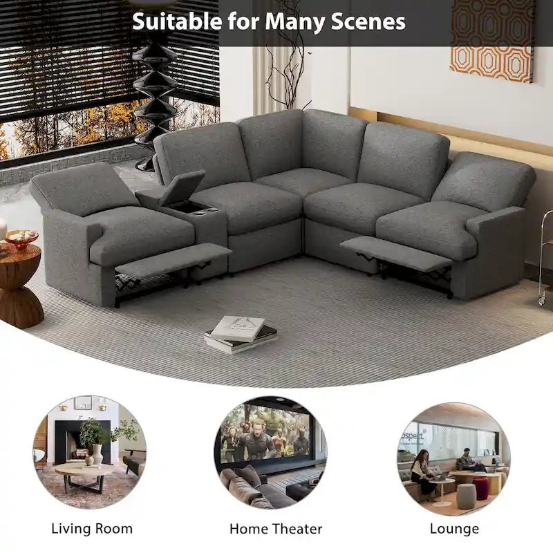 Power Relaxliege Ecksofa Heimkino Relaxsofa Schnittsofa mit Aufbewahrungsbox, Getränkehaltern