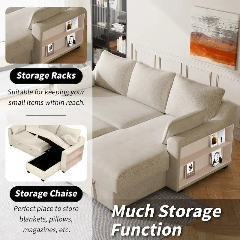 Ausziehbares Schlafsofa L-förmige Couch Verwandlungssofa mit Stauraum-Recamiere, Ablagefächern und USB-Anschlüssen