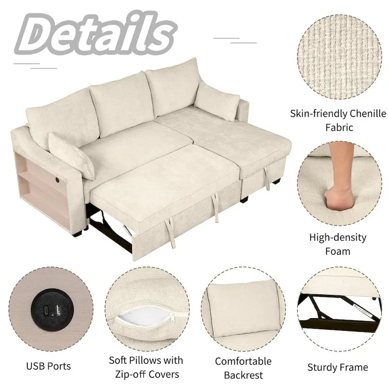 Ausziehbares Schlafsofa L-förmige Couch Verwandlungssofa mit Stauraum-Recamiere, Ablagefächern und USB-Anschlüssen
