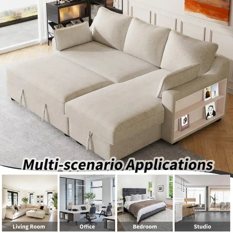 Ausziehbares Schlafsofa L-förmige Couch Verwandlungssofa mit Stauraum-Recamiere, Ablagefächern und USB-Anschlüssen
