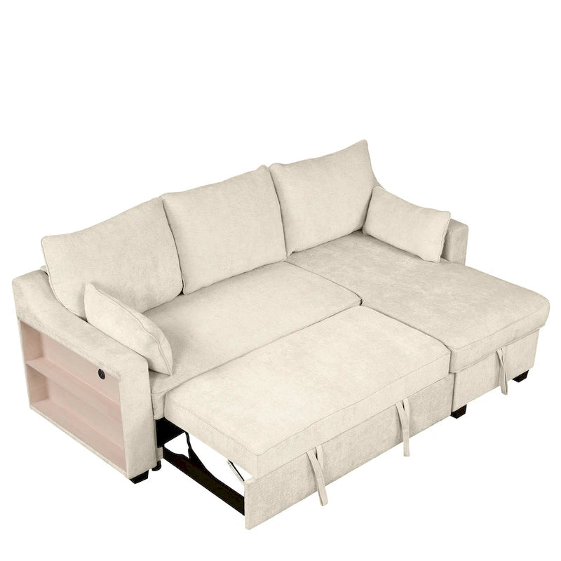 Ausziehbares Schlafsofa L-förmige Couch Verwandlungssofa mit Stauraum-Recamiere, Ablagefächern und USB-Anschlüssen