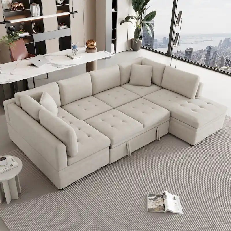 117.3 Übergroßes Sektionalsofa U-förmiges Sofa Ausziehbares Schlafsofa mit zwei Wurfkissen für das Wohnzimmer, Beige