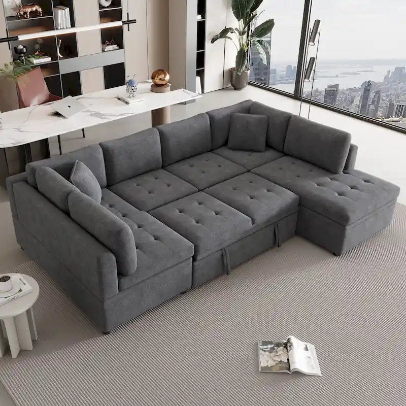 117.3 Übergroßes Sektionalsofa U-förmiges Sofa Ausziehbares Schlafsofa mit zwei Wurfkissen für das Wohnzimmer, Beige