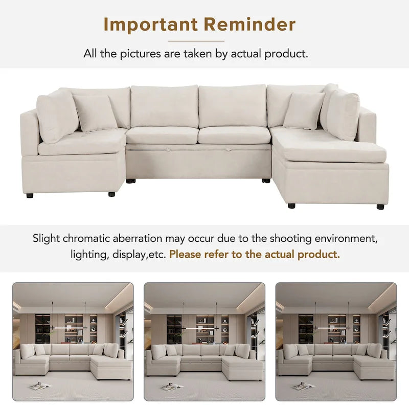 117.3 Übergroßes Sektionalsofa U-förmiges Sofa Ausziehbares Schlafsofa mit zwei Wurfkissen für das Wohnzimmer, Beige