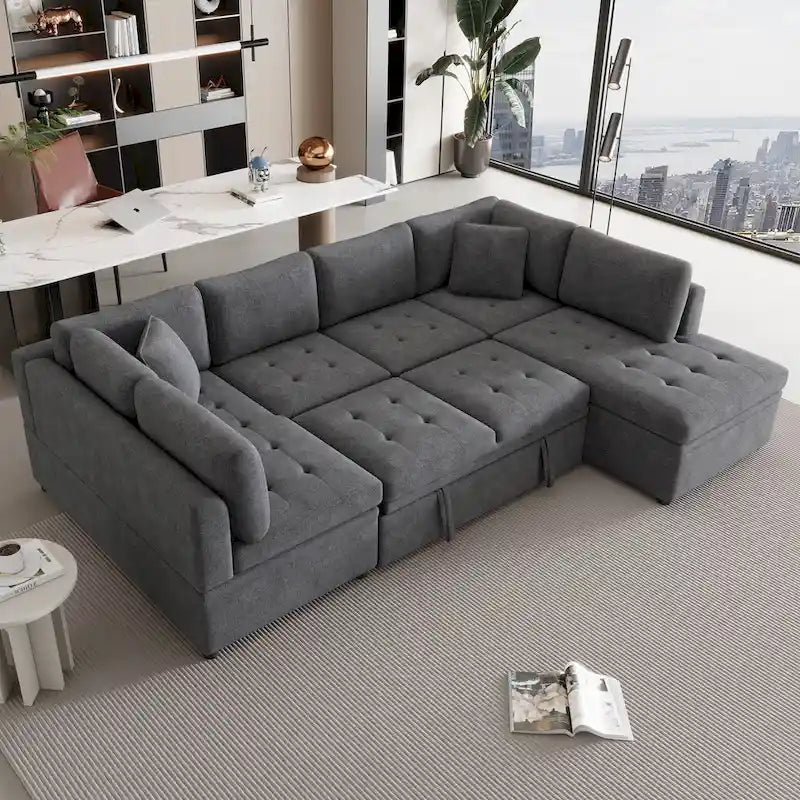 117.3 Übergroßes Sektionalsofa U-förmiges Sofa Ausziehbares Schlafsofa mit zwei Wurfkissen für das Wohnzimmer, Beige
