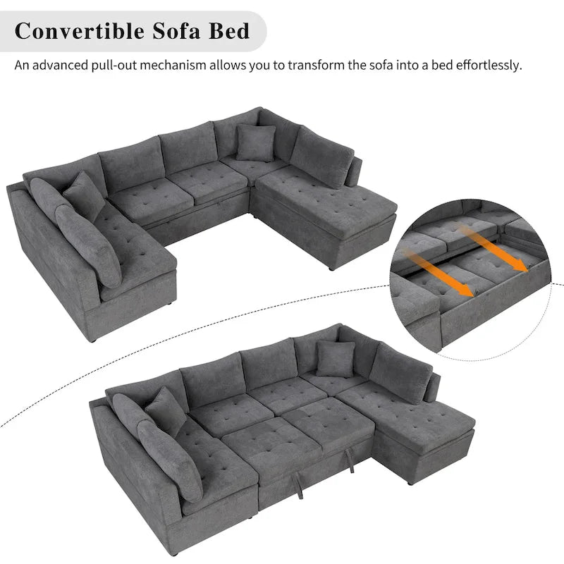 117.3 Übergroßes Sektionalsofa U-förmiges Sofa Ausziehbares Schlafsofa mit zwei Wurfkissen für das Wohnzimmer, Beige
