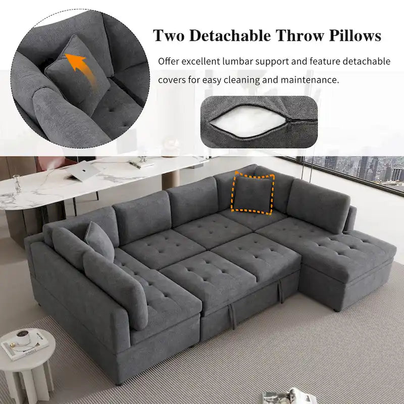 117.3 Übergroßes Sektionalsofa U-förmiges Sofa Ausziehbares Schlafsofa mit zwei Wurfkissen für das Wohnzimmer, Beige