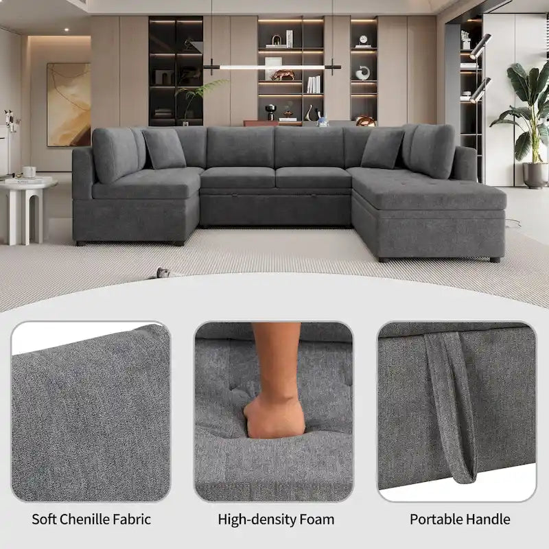 117.3 Übergroßes Sektionalsofa U-förmiges Sofa Ausziehbares Schlafsofa mit zwei Wurfkissen für das Wohnzimmer, Beige