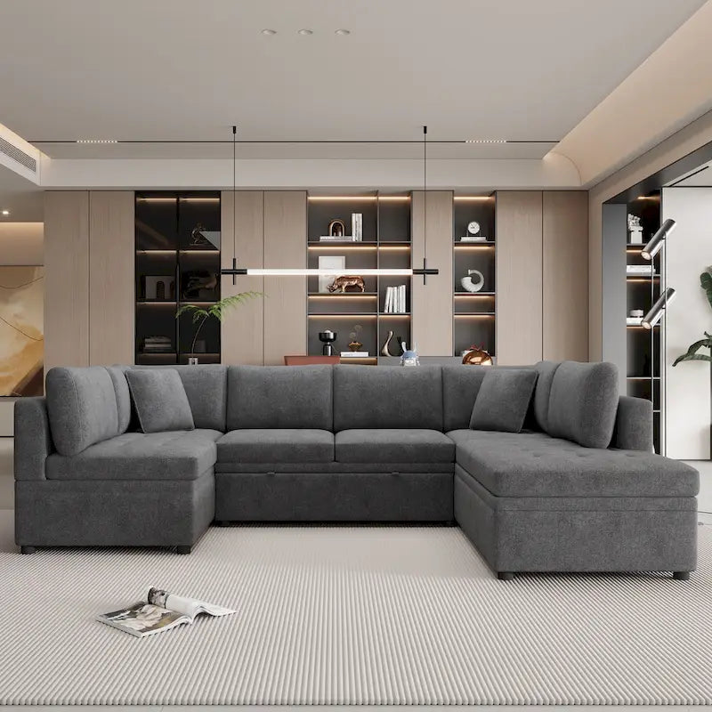 117.3 Übergroßes Sektionalsofa U-förmiges Sofa Ausziehbares Schlafsofa mit zwei Wurfkissen für das Wohnzimmer, Beige