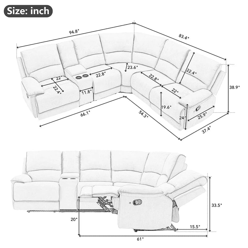 94,8 Modernes, manuell verstellbares Wohnzimmermöbel-Set mit USB-Anschlüssen, verstecktem Stauraum, LED-Lichtleiste und 2 Getränkehaltern, Creme