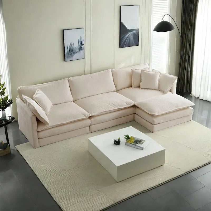 Vierteiliges, modulares L-förmiges Ecksofa mit Chenille-Polsterung und Ottomane