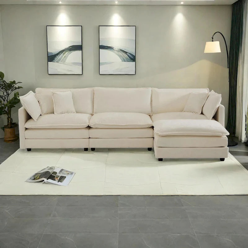 Vierteiliges, modulares L-förmiges Ecksofa mit Chenille-Polsterung und Ottomane