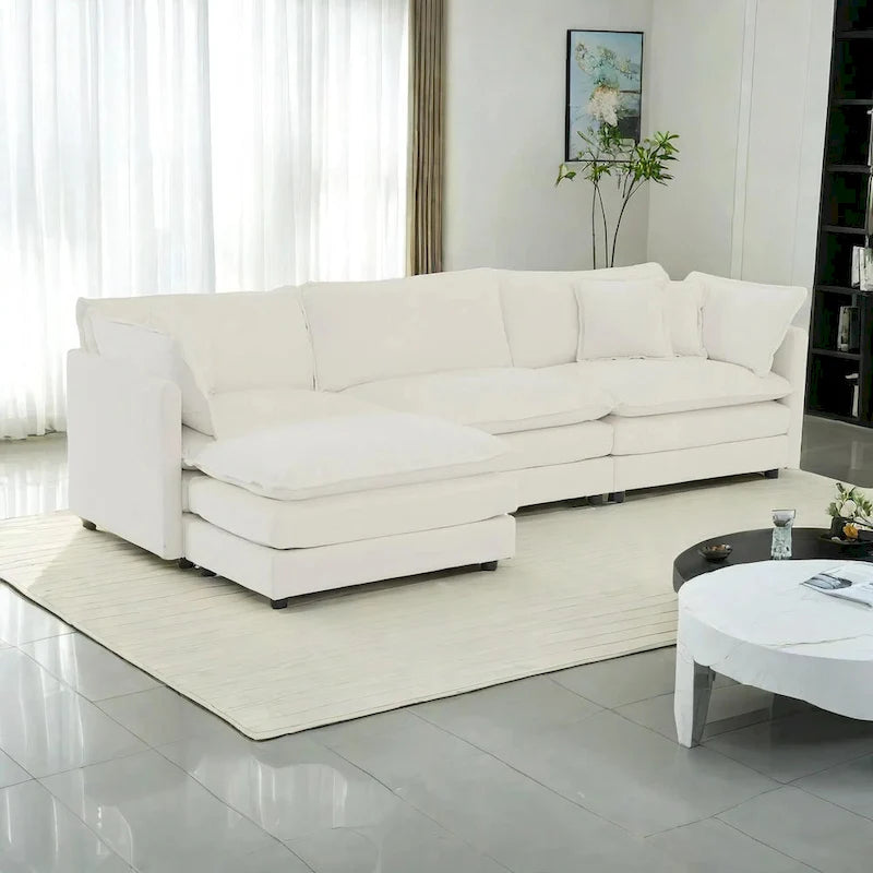 Vierteiliges, modulares L-förmiges Ecksofa mit Chenille-Polsterung und Ottomane