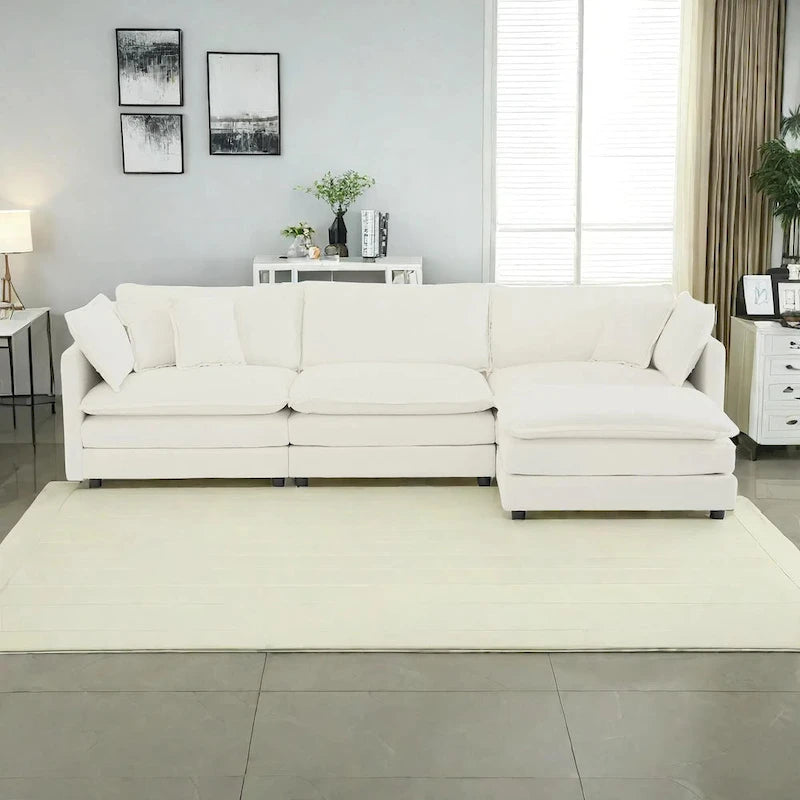 Vierteiliges, modulares L-förmiges Ecksofa mit Chenille-Polsterung und Ottomane