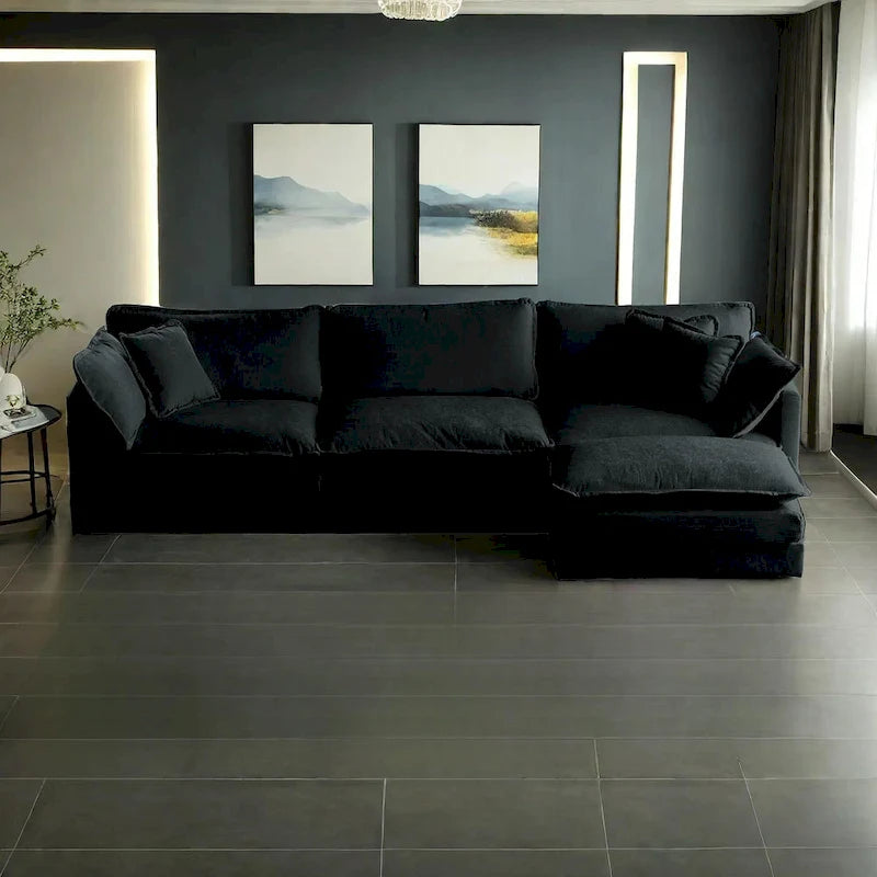 Vierteiliges, modulares L-förmiges Ecksofa mit Chenille-Polsterung und Ottomane