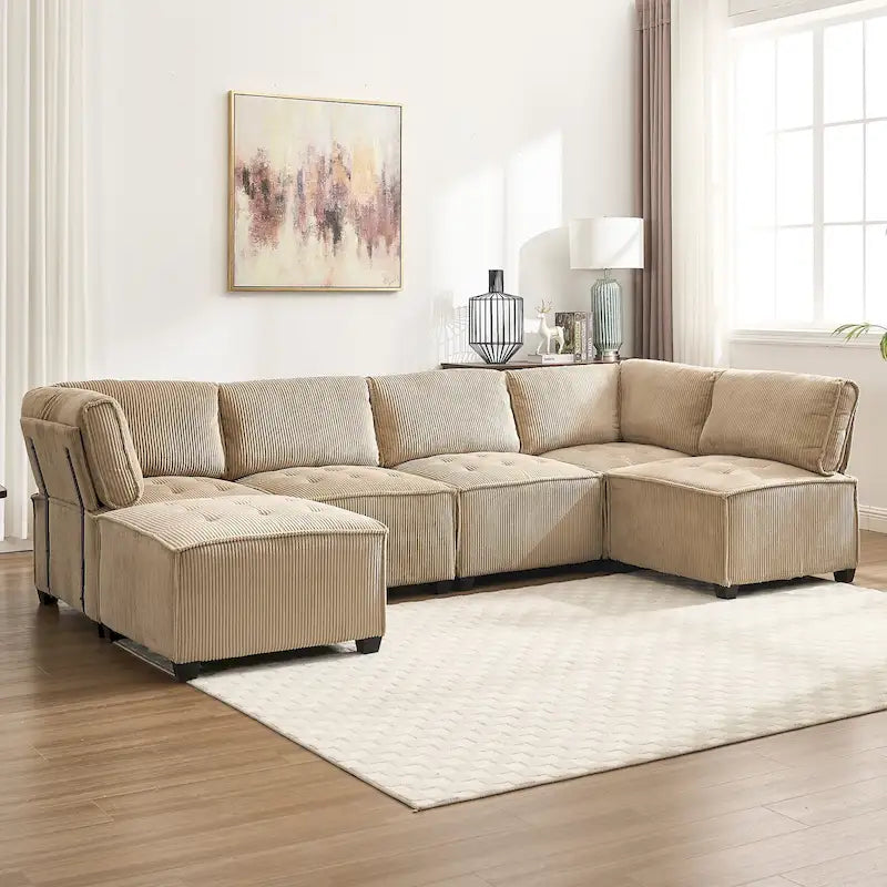 U-förmiges Cord-Polster Ecksofa, 6-Sitzer, wandelbar, modular, für das Wohnzimmer geeignet