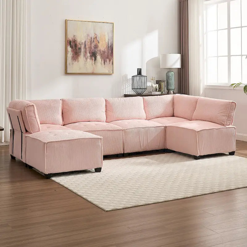 U-förmiges Cord-Polster Ecksofa, 6-Sitzer, wandelbar, modular, für das Wohnzimmer geeignet