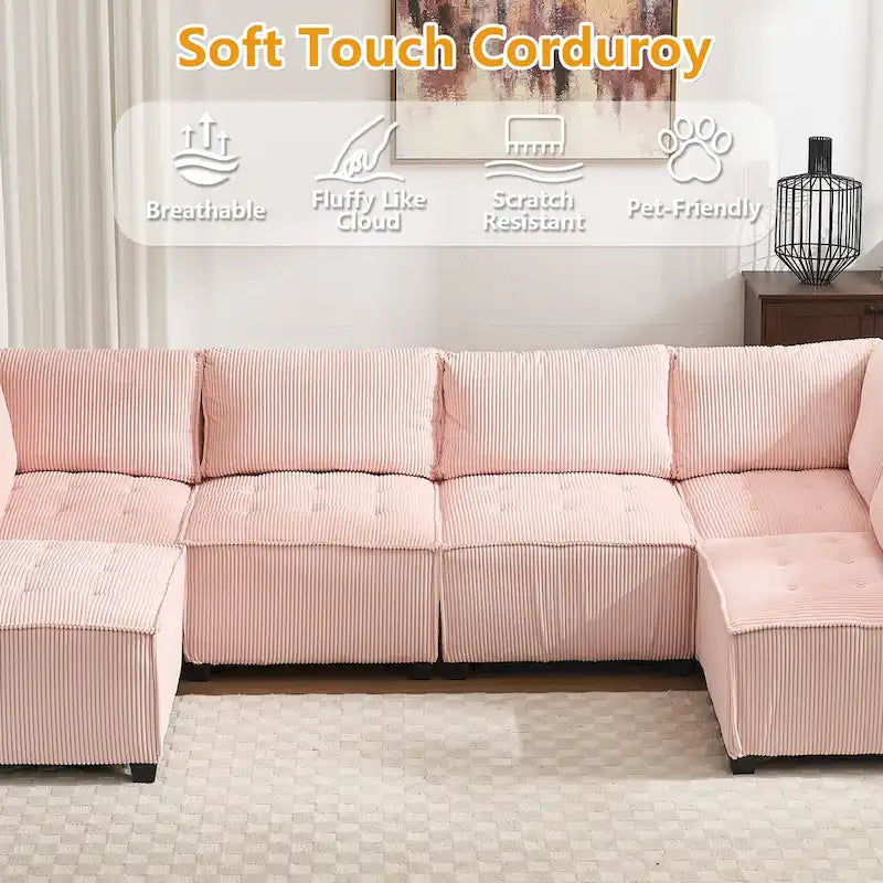 U-förmiges Cord-Polster Ecksofa, 6-Sitzer, wandelbar, modular, für das Wohnzimmer geeignet