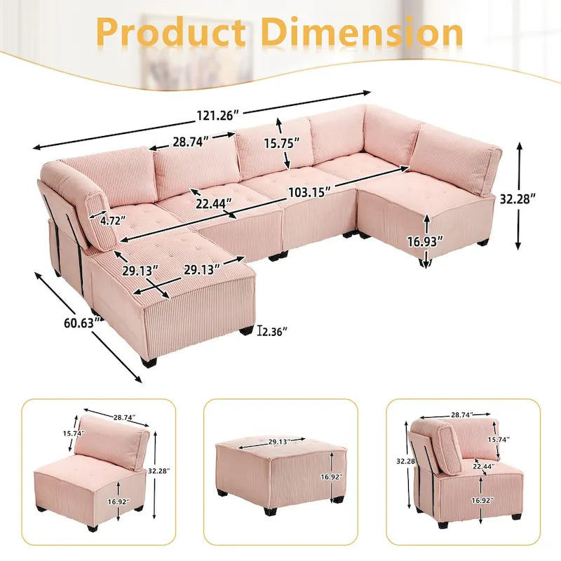 U-förmiges Cord-Polster Ecksofa, 6-Sitzer, wandelbar, modular, für das Wohnzimmer geeignet