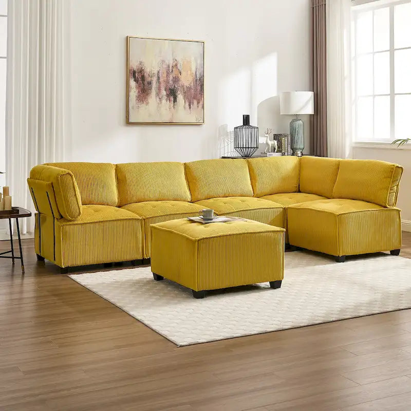 U-förmiges Cord-Polster Ecksofa, 6-Sitzer, wandelbar, modular, für das Wohnzimmer geeignet