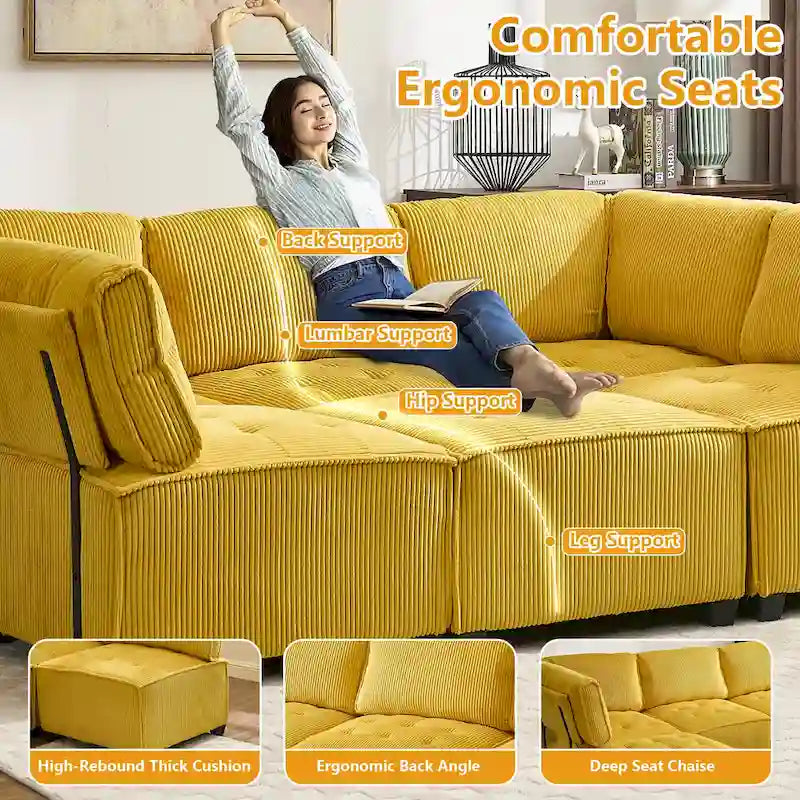 U-förmiges Cord-Polster Ecksofa, 6-Sitzer, wandelbar, modular, für das Wohnzimmer geeignet