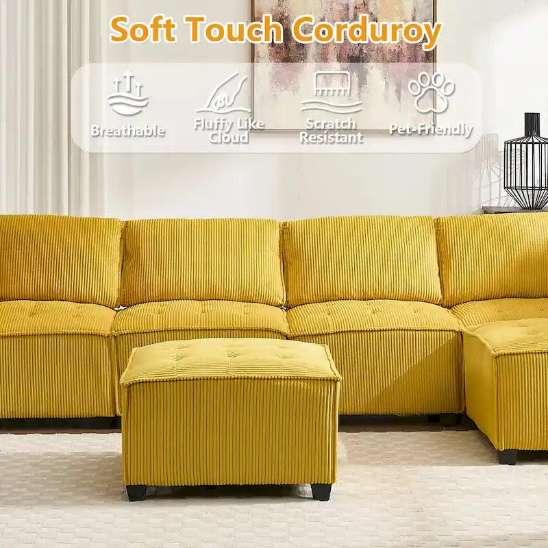 U-förmiges Cord-Polster Ecksofa, 6-Sitzer, wandelbar, modular, für das Wohnzimmer geeignet