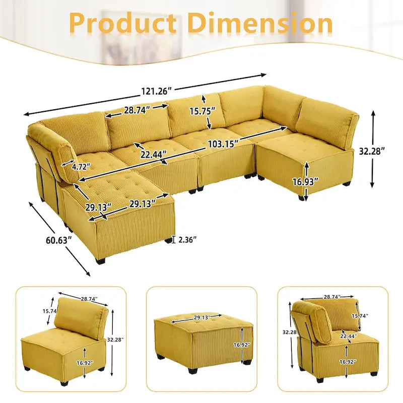 U-förmiges Cord-Polster Ecksofa, 6-Sitzer, wandelbar, modular, für das Wohnzimmer geeignet