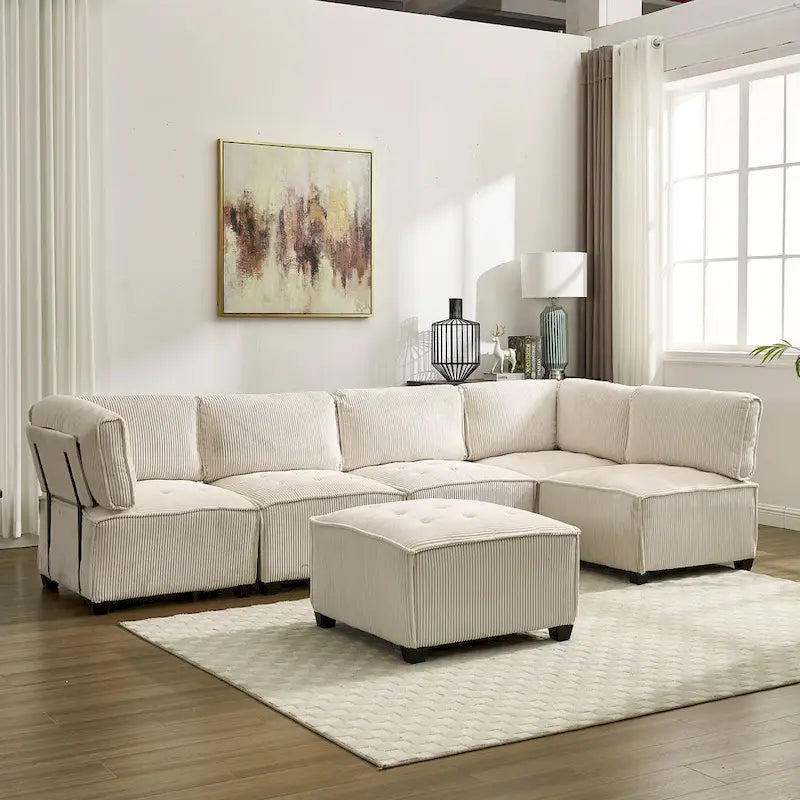 U-förmiges Cord-Polster Ecksofa, 6-Sitzer, wandelbar, modular, für das Wohnzimmer geeignet