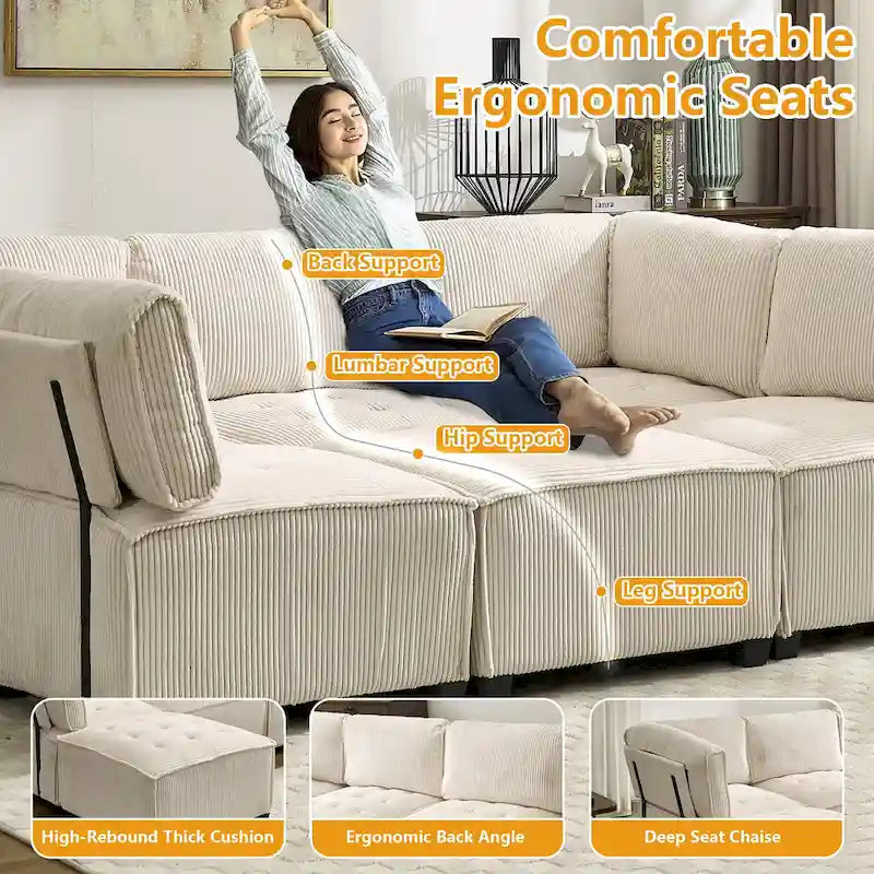 U-förmiges Cord-Polster Ecksofa, 6-Sitzer, wandelbar, modular, für das Wohnzimmer geeignet
