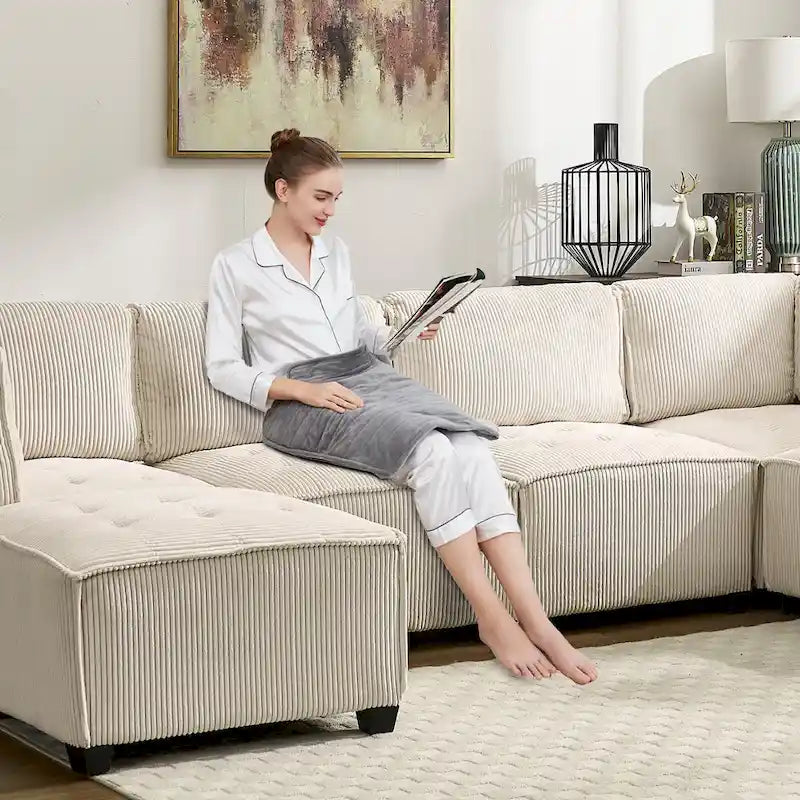 U-förmiges Cord-Polster Ecksofa, 6-Sitzer, wandelbar, modular, für das Wohnzimmer geeignet