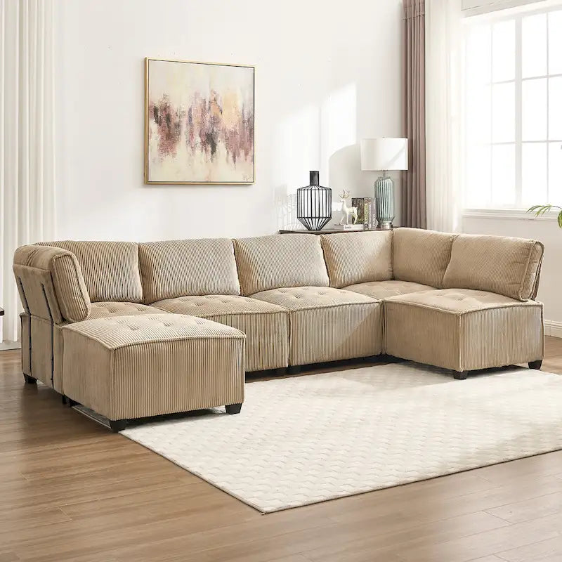 U-förmiges Cord-Polster Ecksofa, 6-Sitzer, wandelbar, modular, für das Wohnzimmer geeignet