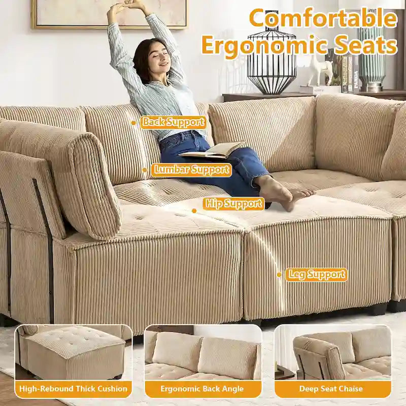U-förmiges Cord-Polster Ecksofa, 6-Sitzer, wandelbar, modular, für das Wohnzimmer geeignet