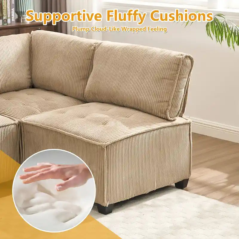 U-förmiges Cord-Polster Ecksofa, 6-Sitzer, wandelbar, modular, für das Wohnzimmer geeignet
